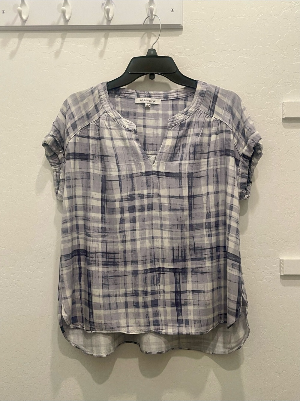 Eileen Fisher Blue and White Plaid Short-Sleeve V-Neck Top